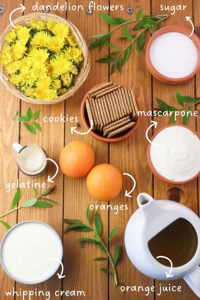 image of ingredients needed for a no bake dandelion cake with oranges